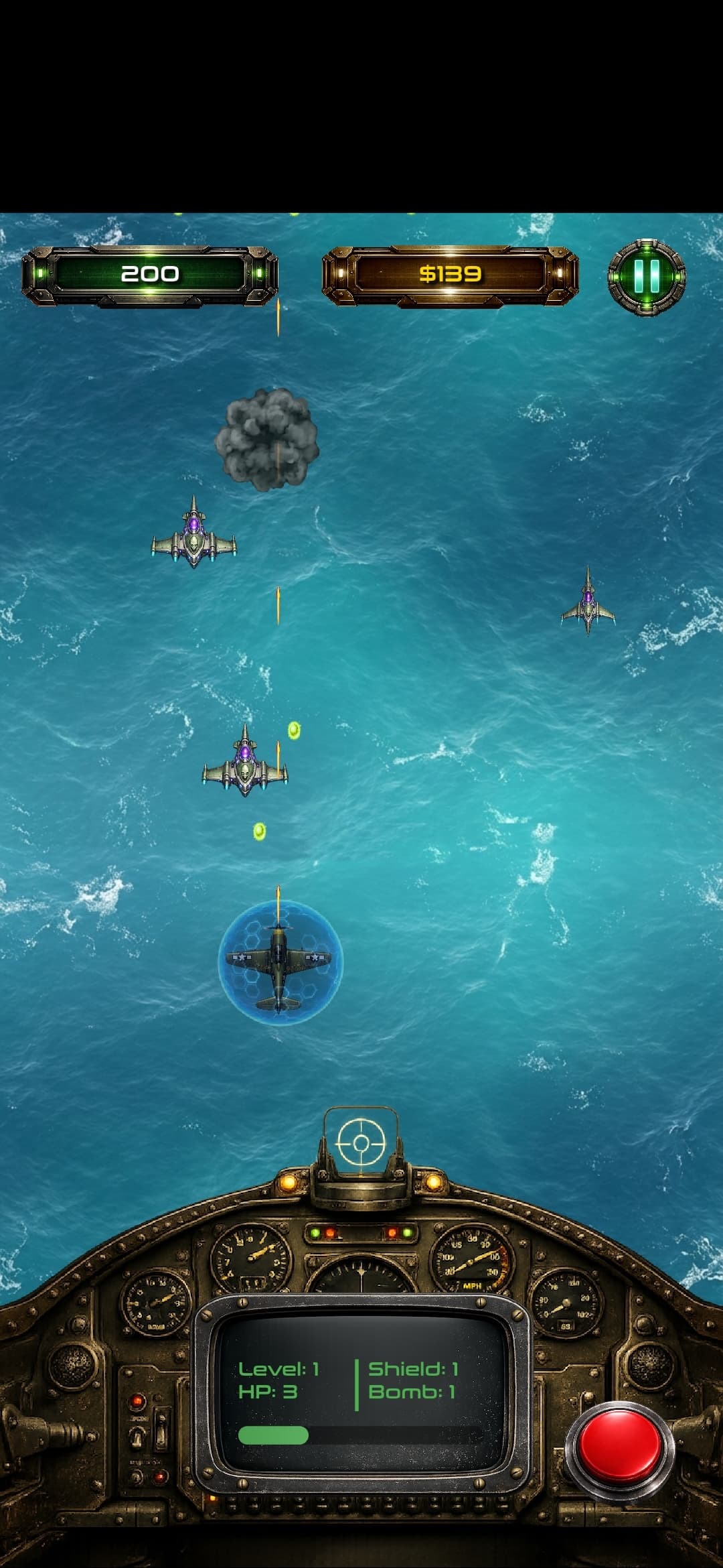 Zephyr Strike gameplay with enemy waves and cockpit controls